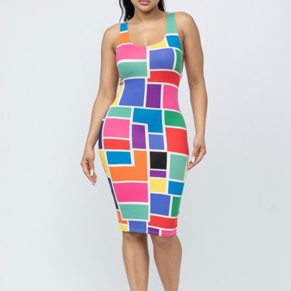 TANK TOP MULTI COLORFUL COLOR BLOCK FITTED BODYCON MIDI DRESS - Picture 4 of 8